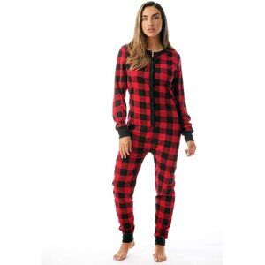 #followme Women's Henley Thermal Bodysuit Buffalo Plaid Red/Black Small